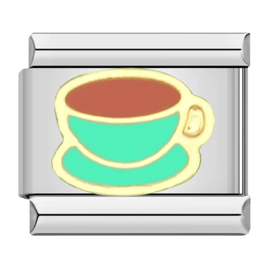 Teal tea cup with lemon slice 9mm Italian charm with gold-tone outline