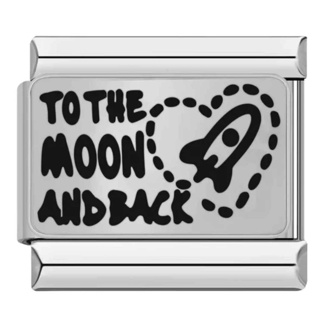 To The Moon And Back silver text with rocket ship and heart 9mm Italian charm