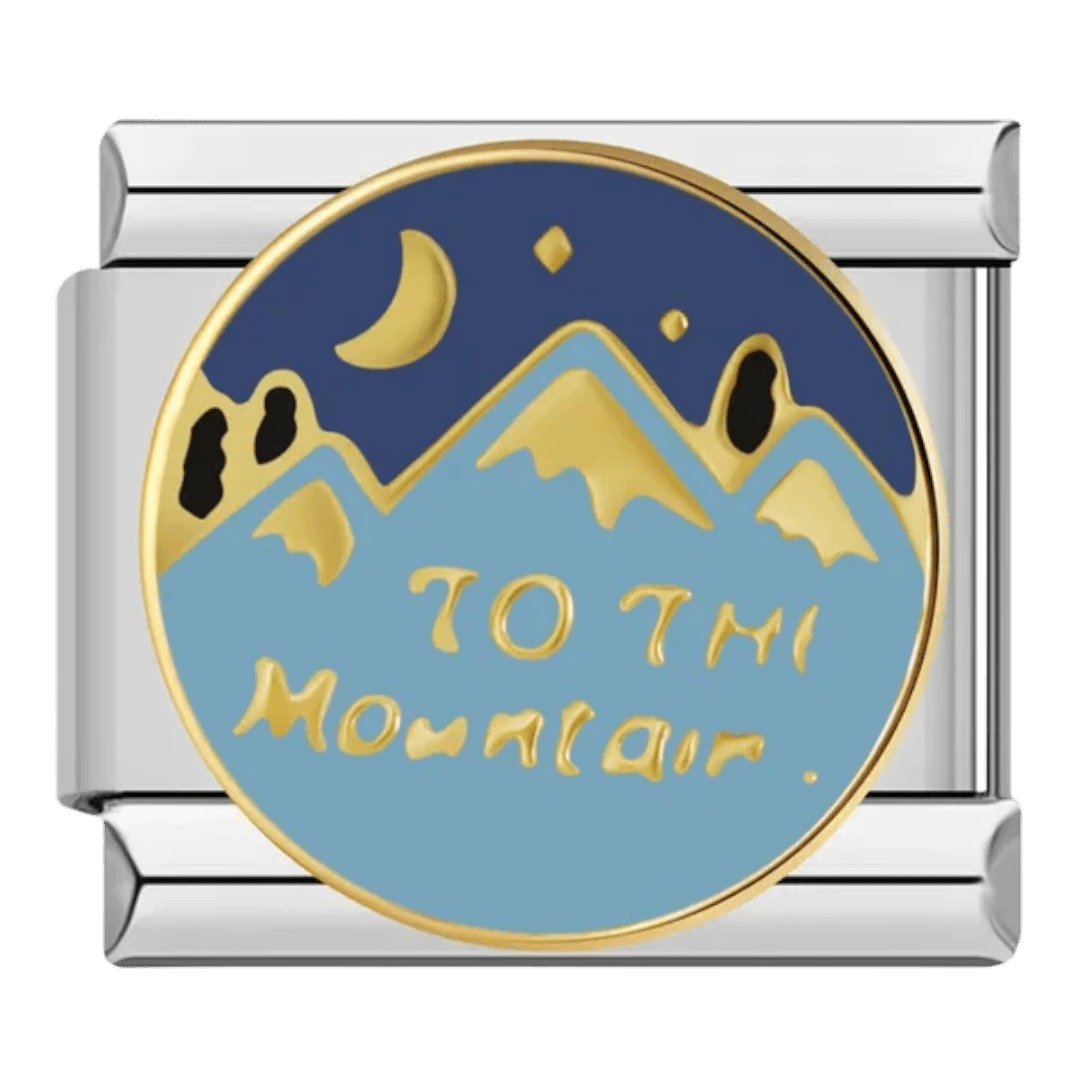 To The Mountains gold script with mountain peaks moon and stars night sky 9mm Italian charm