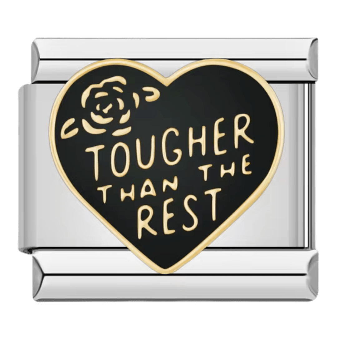 Tougher Than The Rest gold text on black heart with crown accent 9mm Italian charm