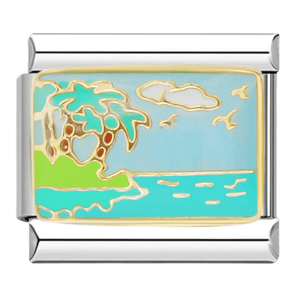 Tropical island ocean scene with palm tree and sea turtle 9mm Italian charm