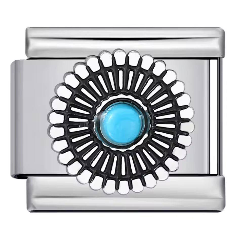 Turquoise sunburst Italian charm 9mm stainless steel bracelet link