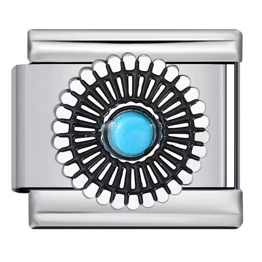 Turquoise sunburst Italian charm 9mm stainless steel bracelet link
