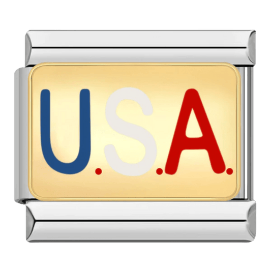 USA patriotic Italian charm 9mm red white blue lettering on gold-tone enamel