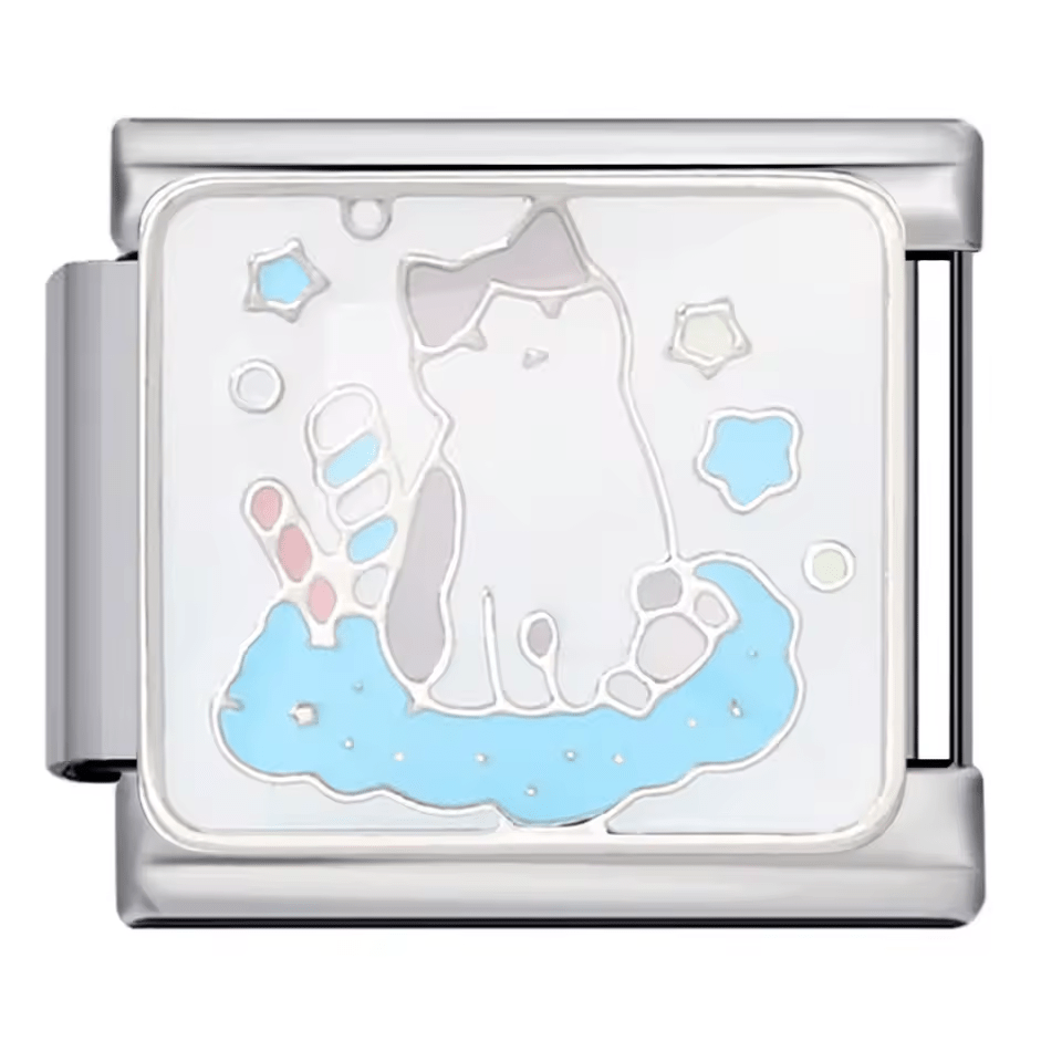 White and gray cat scene Italian charm 9mm cat sitting Italian charm link