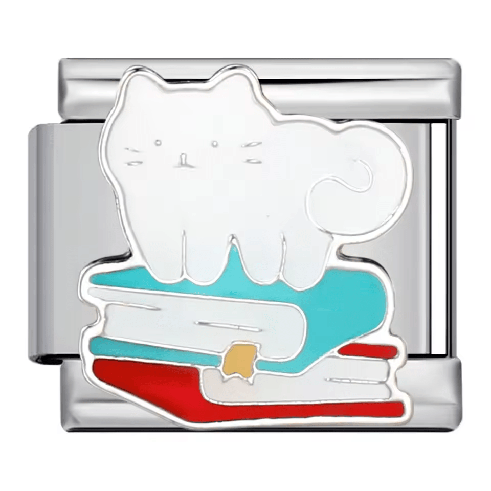 White cat sitting on stack of books Italian charm 9mm