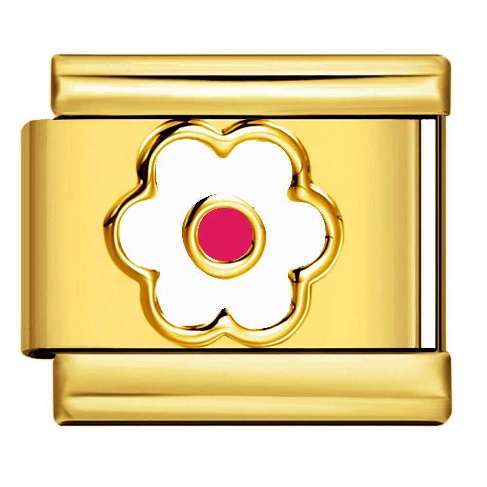 White flower with pink center Italian charm 9mm Gold