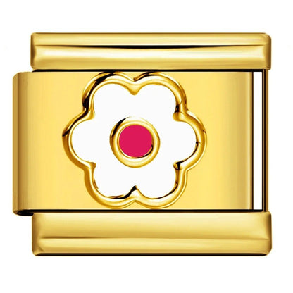 White flower with pink center Italian charm 9mm Gold