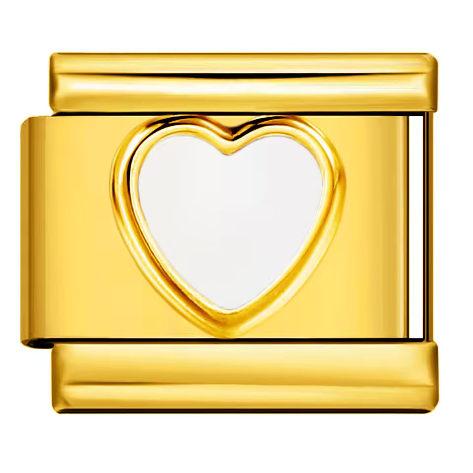 White heart Italian charm 9mm Gold
