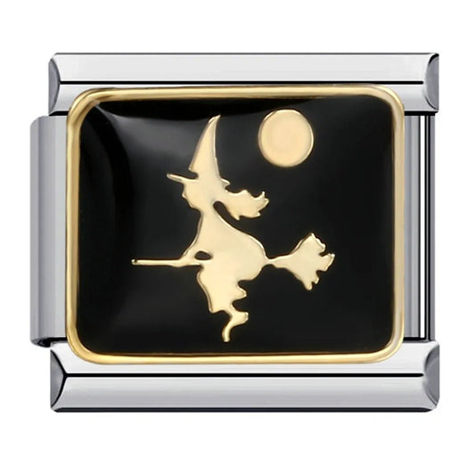 Witch silhouette Italian charm 9mm black and gold