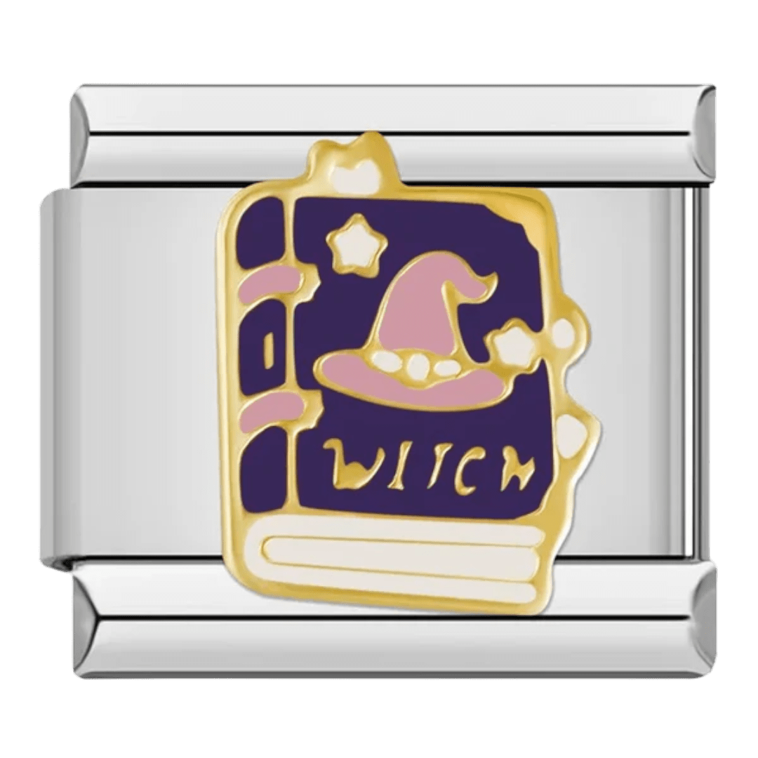 Witch spell book with witch hat and stars purple and gold 9mm Italian charm