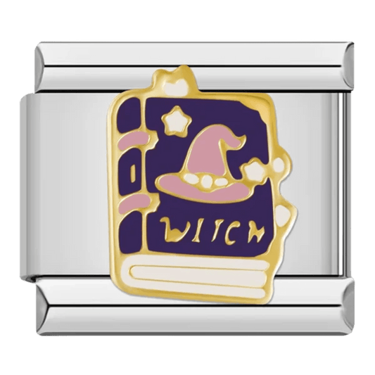 Witch spell book with witch hat and stars purple and gold 9mm Italian charm