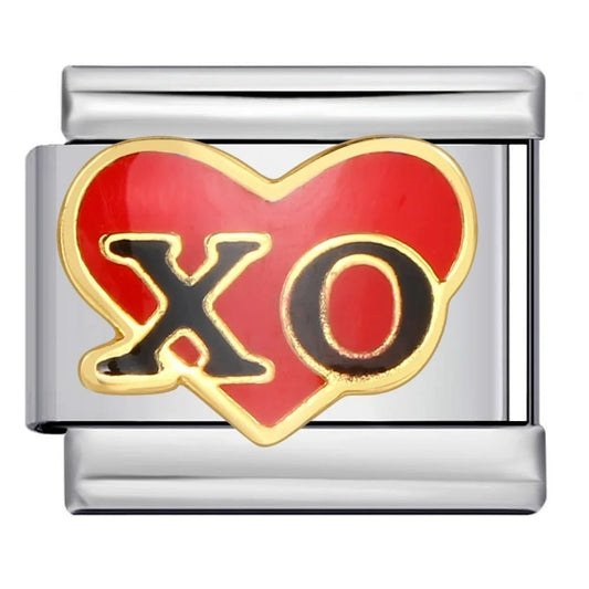 XO heart 9mm Italian charm bracelet link red and gold love symbol