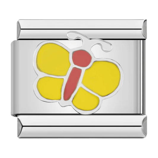 Yellow butterfly with red body enamel on white background 9mm Italian charm