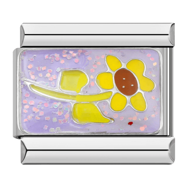 Yellow sunflower with ladybug on purple glitter 9mm Italian charm