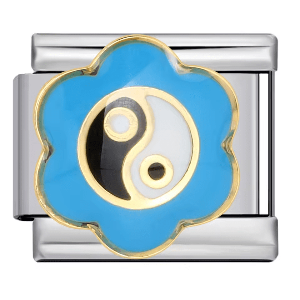 Yin yang Italian charm 9mm with blue enamel border and black white symbol