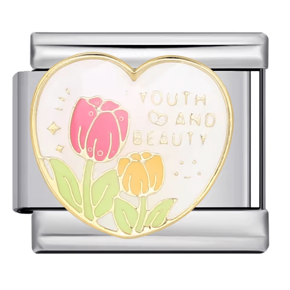 Youth and Beauty heart Italian charm 9mm with floral pastel design