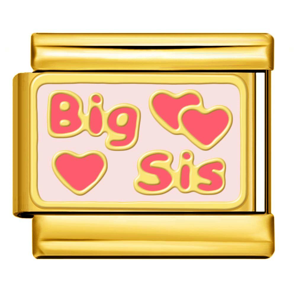 big sis Italian charm 9mm pink heart sister charm Gold