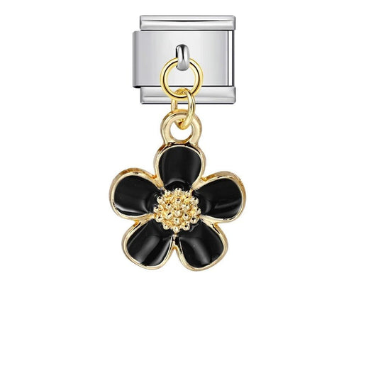 black flower dangling Italian charm 9mm floral bracelet charm