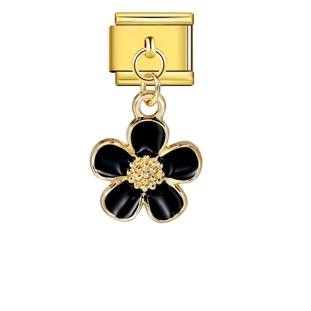 black flower dangling Italian charm 9mm floral bracelet charm Gold