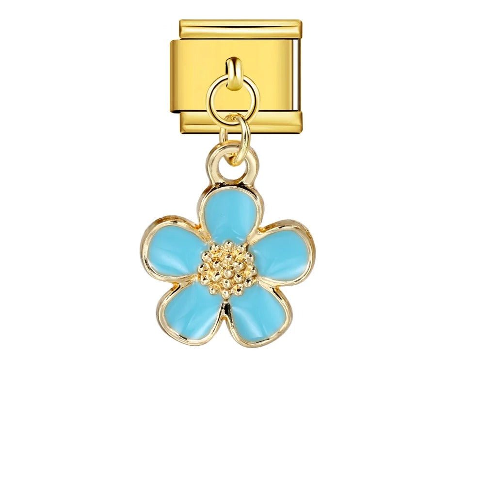 blue dangling flower Italian charm 9mm floral bracelet charm Gold