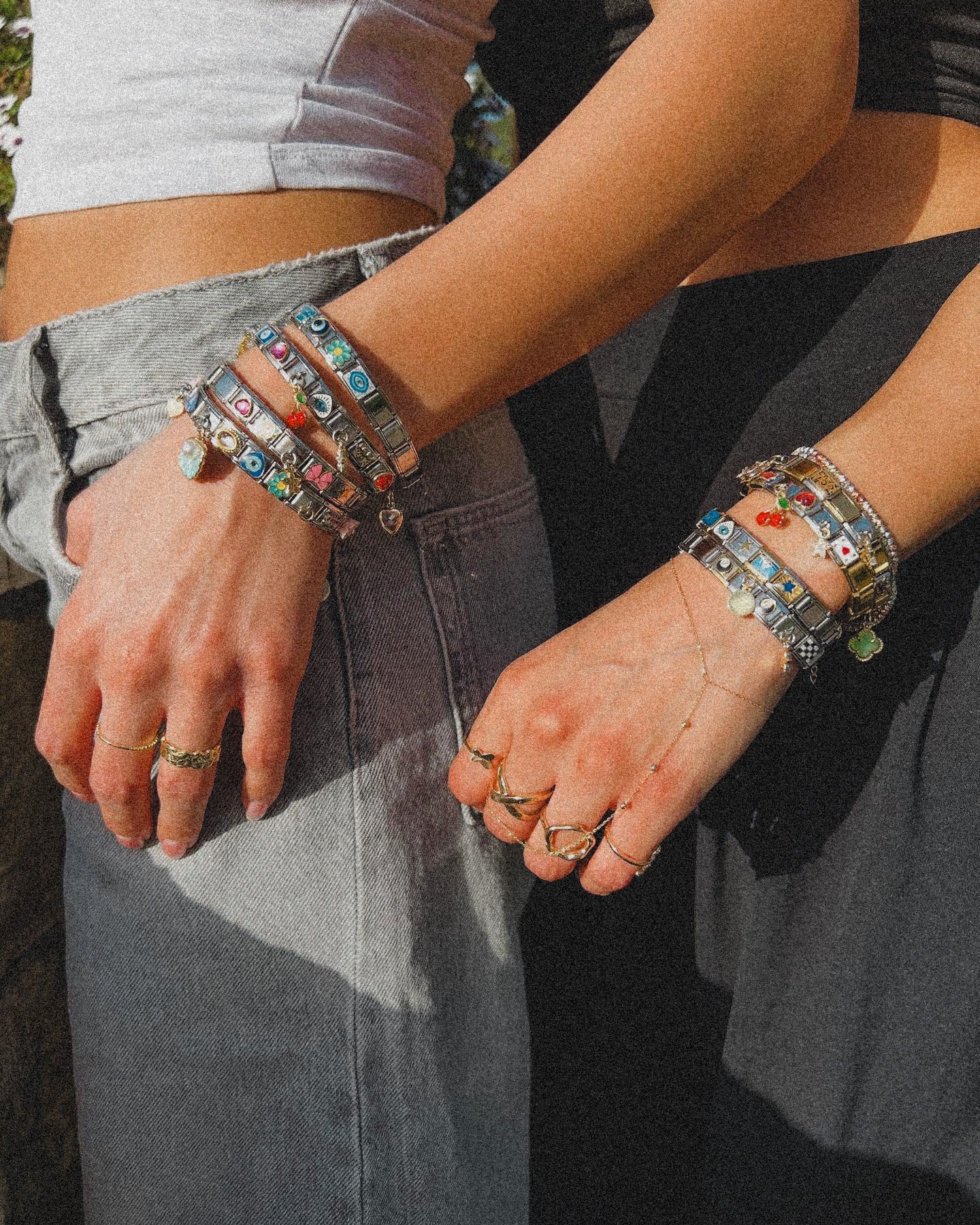 custom Italian charm bracelet with gold and silver 9mm links, lifestyle photo showing personalized charm jewelry