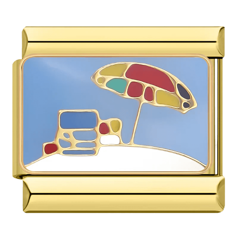 gold Beach day scene with colorful striped umbrella on sand 9mm Italian charm