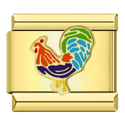 gold Colorful rooster with red orange green blue and purple plumage 9mm Italian charm