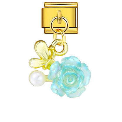 gold Dangling blue rose 9mm Italian charm by Charmette compatible with all Italian charm bracelets
