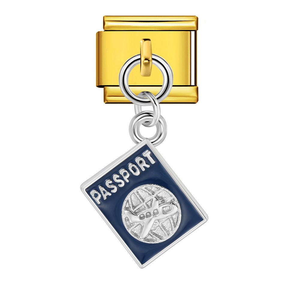 gold Dangling passport travel Italian charm 9mm bracelet link