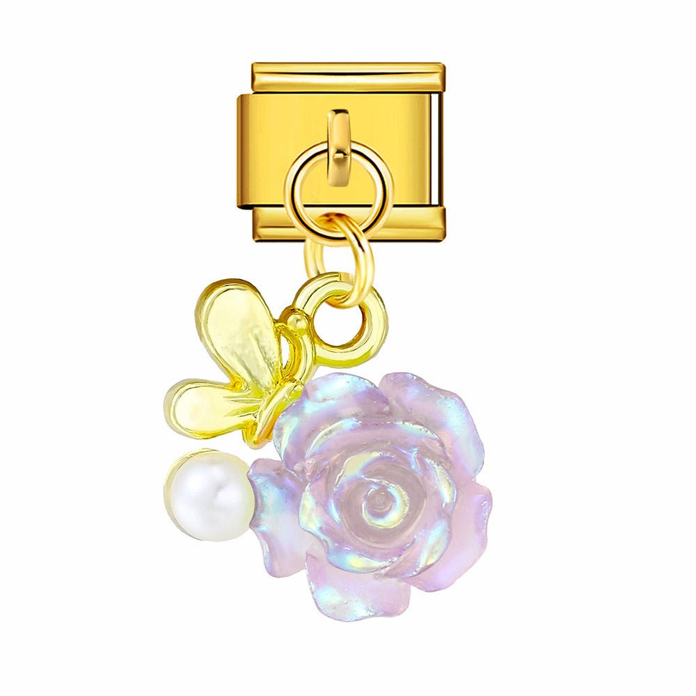 gold Dangling purple rose 9mm Italian charm by Charmette compatible with all Italian charm bracelets