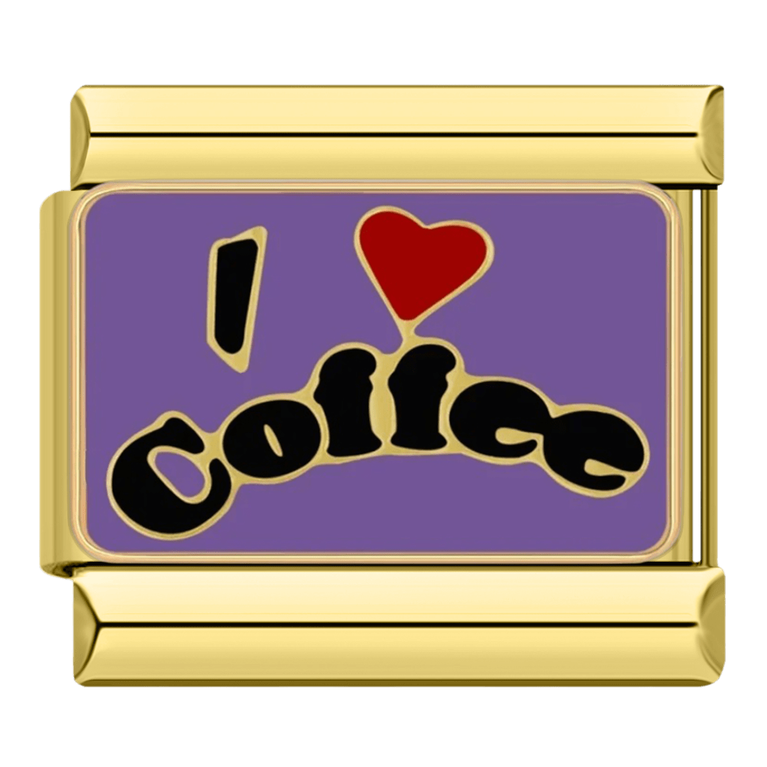 gold 
I Love Coffee red heart black script on purple 9mm Italian charm