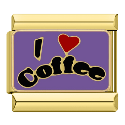 gold 
I Love Coffee red heart black script on purple 9mm Italian charm