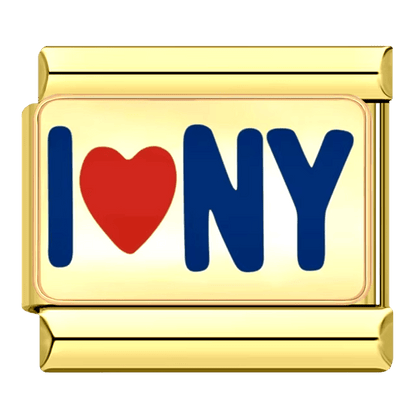 gold I Love NY New York travel Italian charm 9mm blue lettering with red heart