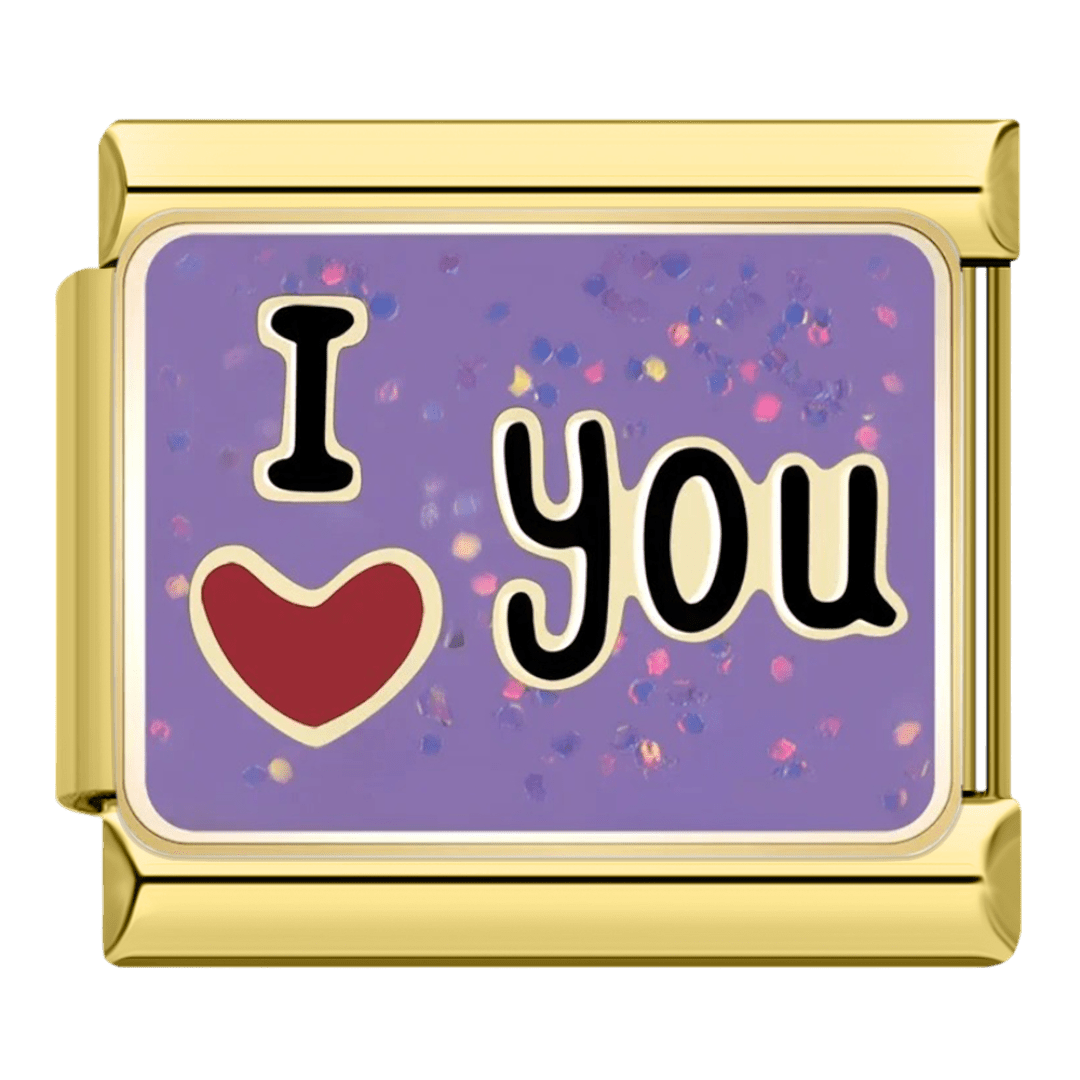 gold I Love You red heart purple glitter 9mm Italian charm with gold-tone border