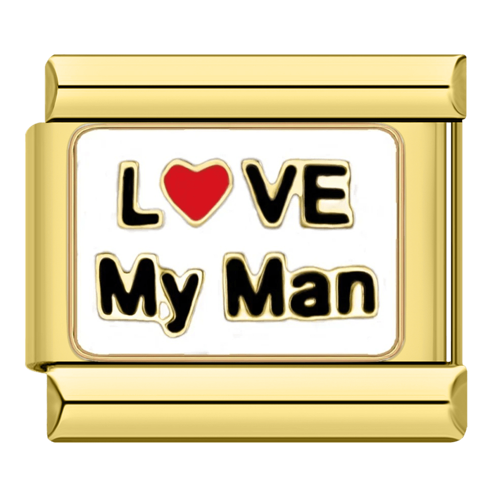 gold  Love My Man red heart text 9mm Italian charm with gold-tone border