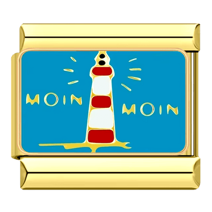 gold Moin Moin red and white lighthouse on blue background 9mm Italian charm