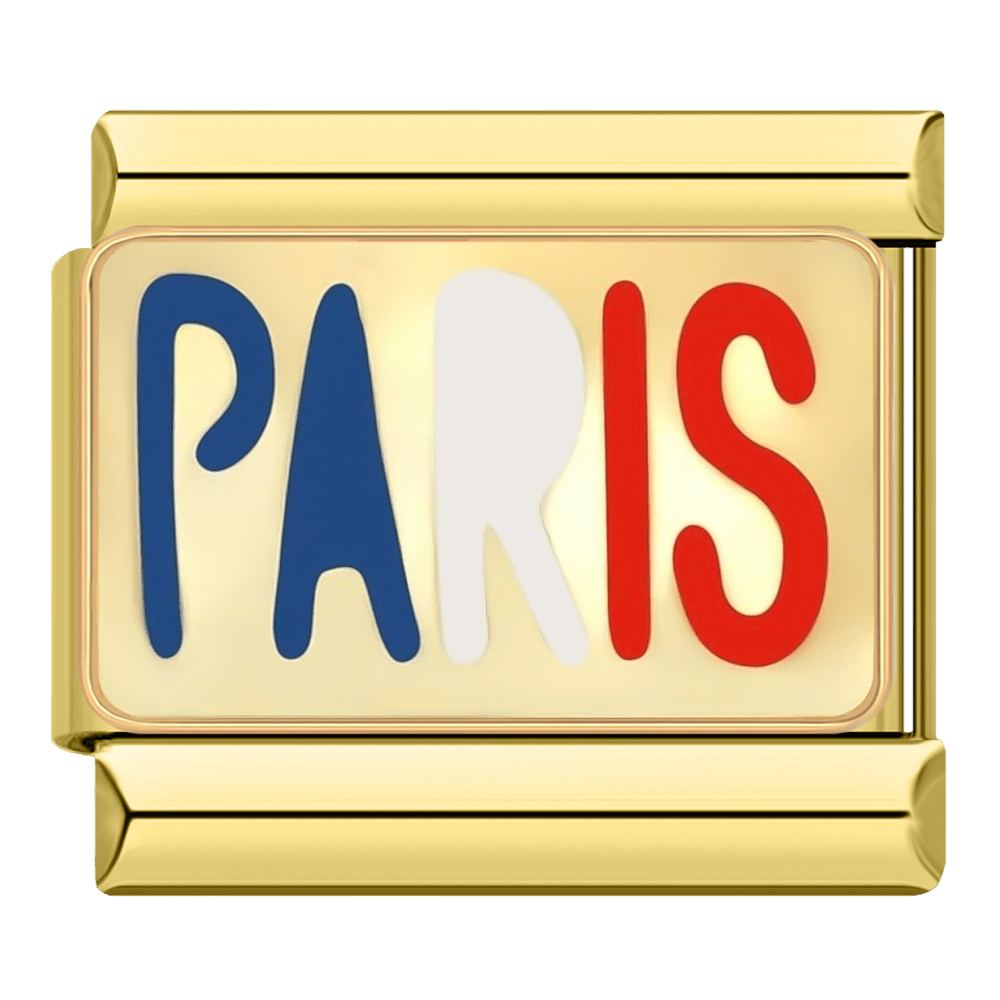 gold Paris Eiffel Tower travel Italian charm 9mm blue and red lettering on cream enamel