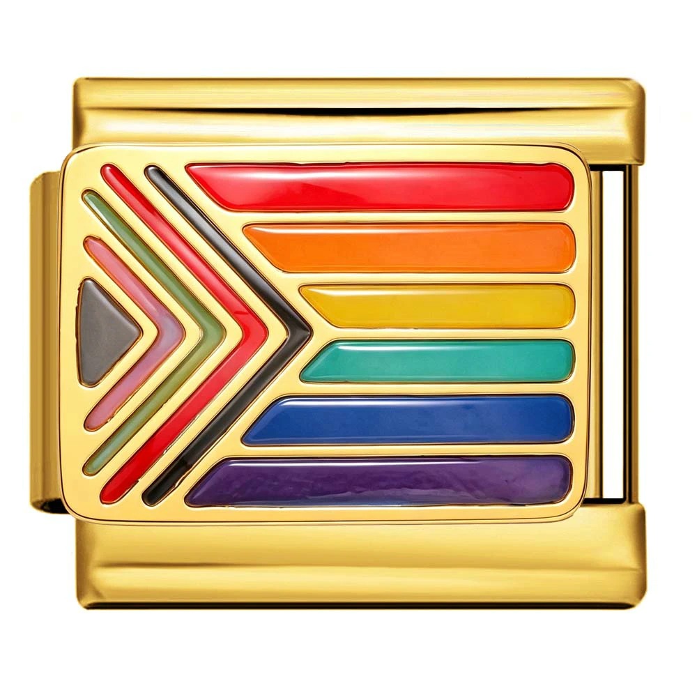 gold Pride Progress Flag Italian charm 9mm with rainbow stripe design