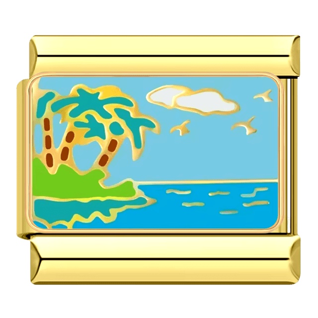 gold Tropical island ocean scene with palm tree and sea turtle 9mm Italian charm
