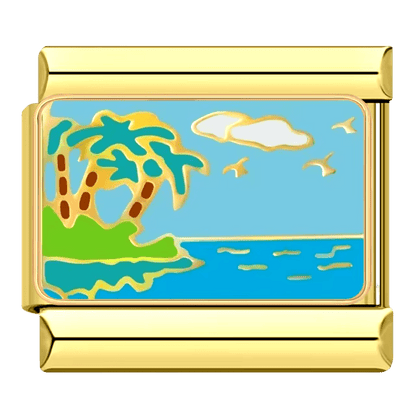 gold Tropical island ocean scene with palm tree and sea turtle 9mm Italian charm