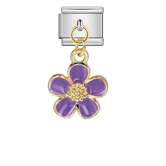 purple dangling flower Italian charm 9mm floral bracelet charm