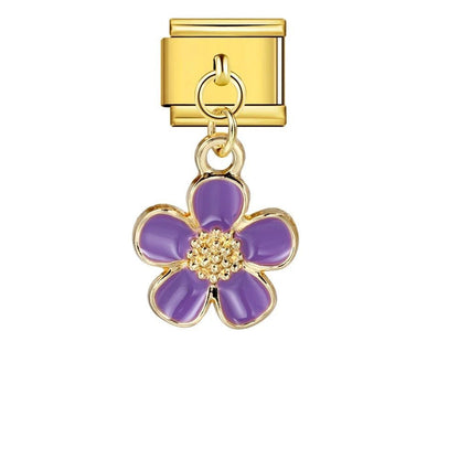 purple dangling flower Italian charm 9mm floral bracelet charm Gold