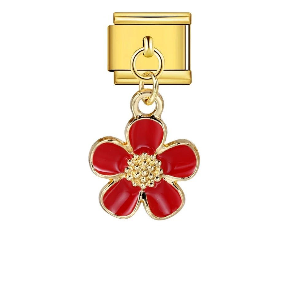 red dangling flower Italian charm 9mm floral bracelet charm Gold