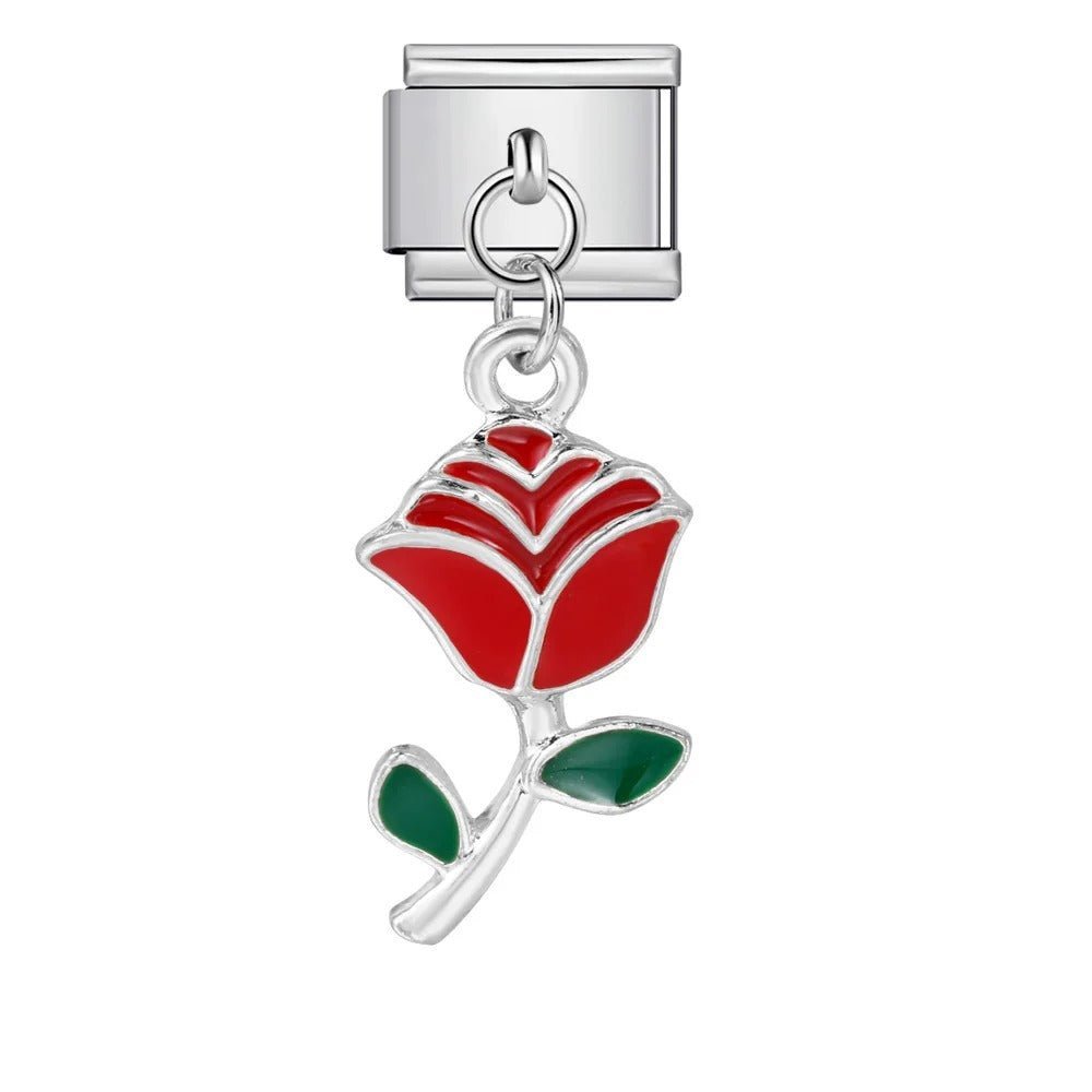 red dangling rose Italian charm 9mm flower bracelet charm