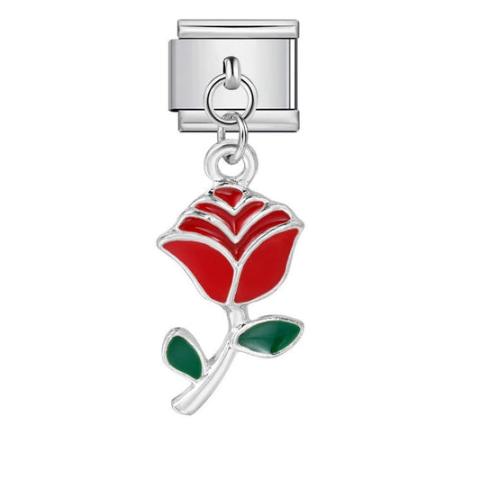 red dangling rose Italian charm 9mm flower bracelet charm