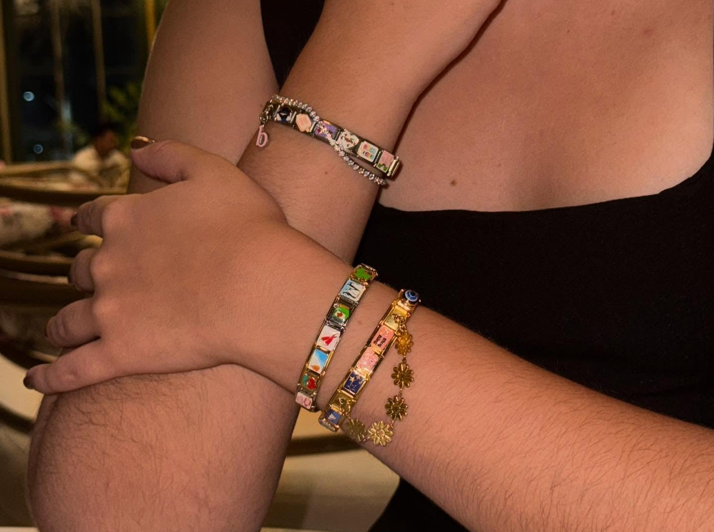 woman wearing 9mm italian charm bracelet with colorful custom charms